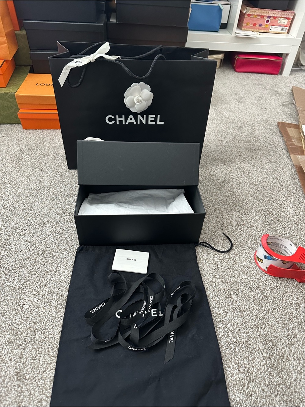 Chanel Black Branded Gift Set with Ribbon and Camellia for small to medium